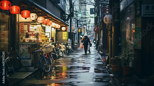 Japanese night street photography on the traditional market with ambient light by Lampion professional photography AI Image Generative