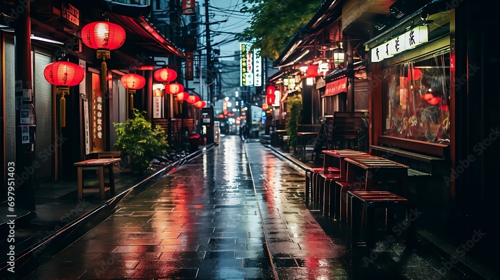 Japanese night street photography on the traditional market with ambient light by Lampion professional photography AI Image Generative