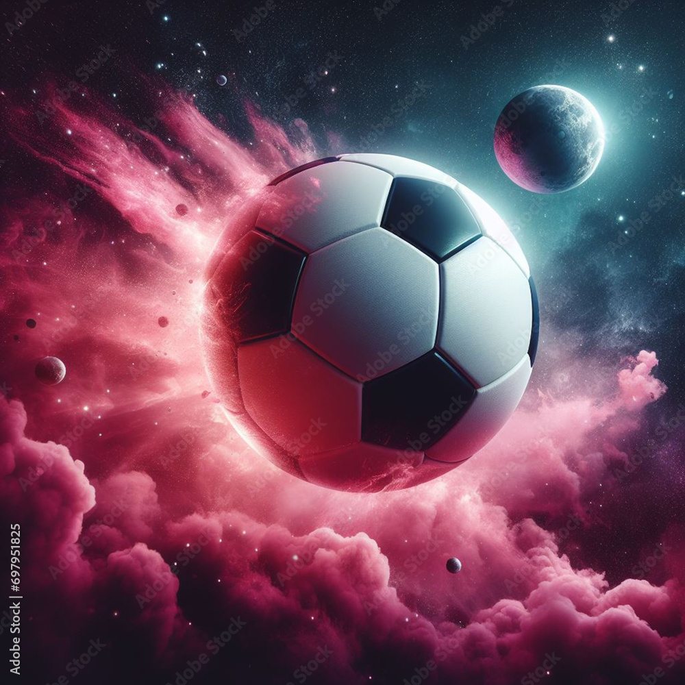Fototapeta premium a photo realistic soccer ball as a planet in space with pink smoke and explosions generative ai