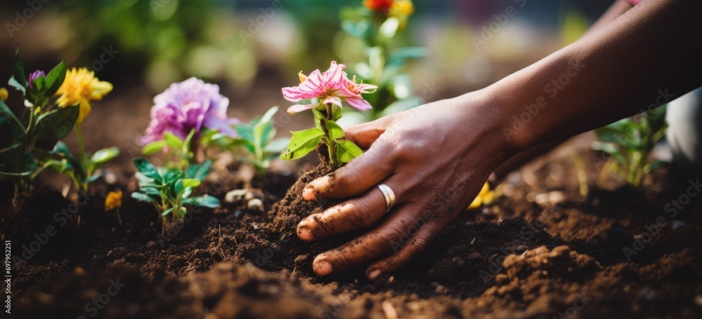 Fototapeta premium Woman plants flowers in garden soil. Gardening and connection with nature. Banner.