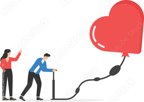 Businessman pumps up a balloon of a love heart shape and floats higher. Valentines day concept. Vector illustration in flat style.

