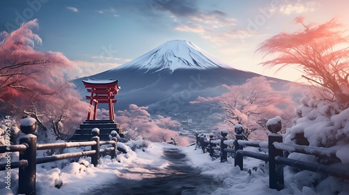 japanese end of winter season go to the spring season with cherry blossoms bloom and fuji mountain AI Image Generative photo