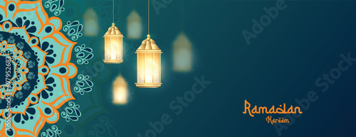 Ramadan Kareem wishes, wishing, or greeting banner Ramzan Islamic mandala background design with lamp, lantern, dark color social media banner, poster vector illustration