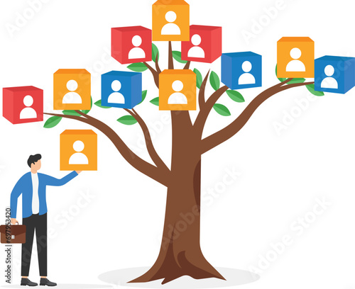 Businessmen using trees with people icons, human resources and management. Flat vector illustration

