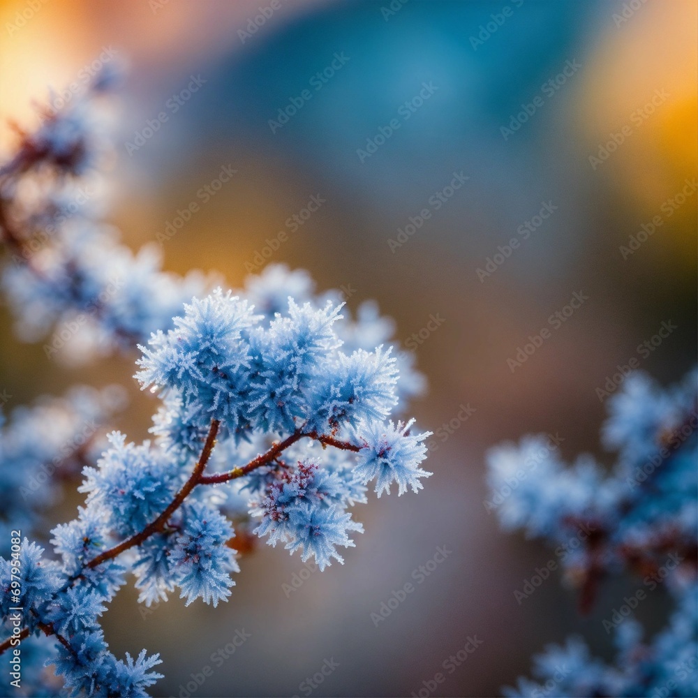 Frost on plants and branches, cool colors, close - up