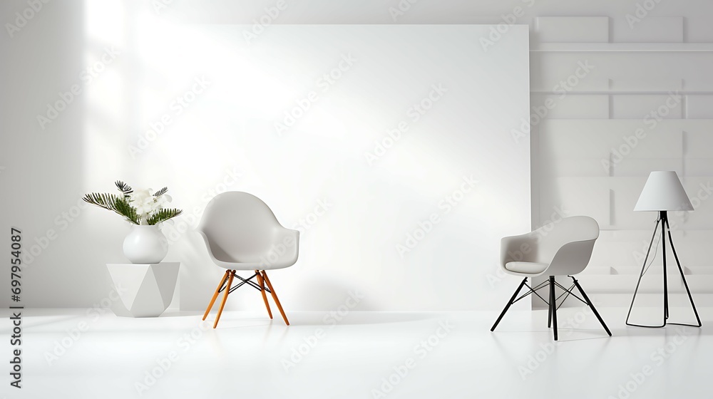 Minimalist white background with simple plant and chair use for product display and phot shot studio - obrazy, fototapety, plakaty 