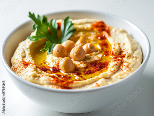 Hummus served in a bowl isolated on white background.