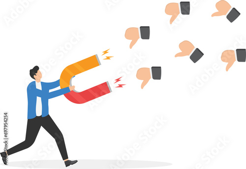 Businessman using magnet to magnetize positive emoticons. positive reviews. Vector illustration

