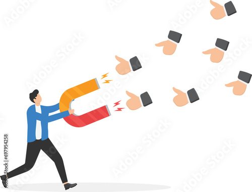 Businessman using magnet to magnetize positive emoticons. positive reviews. Vector illustration

