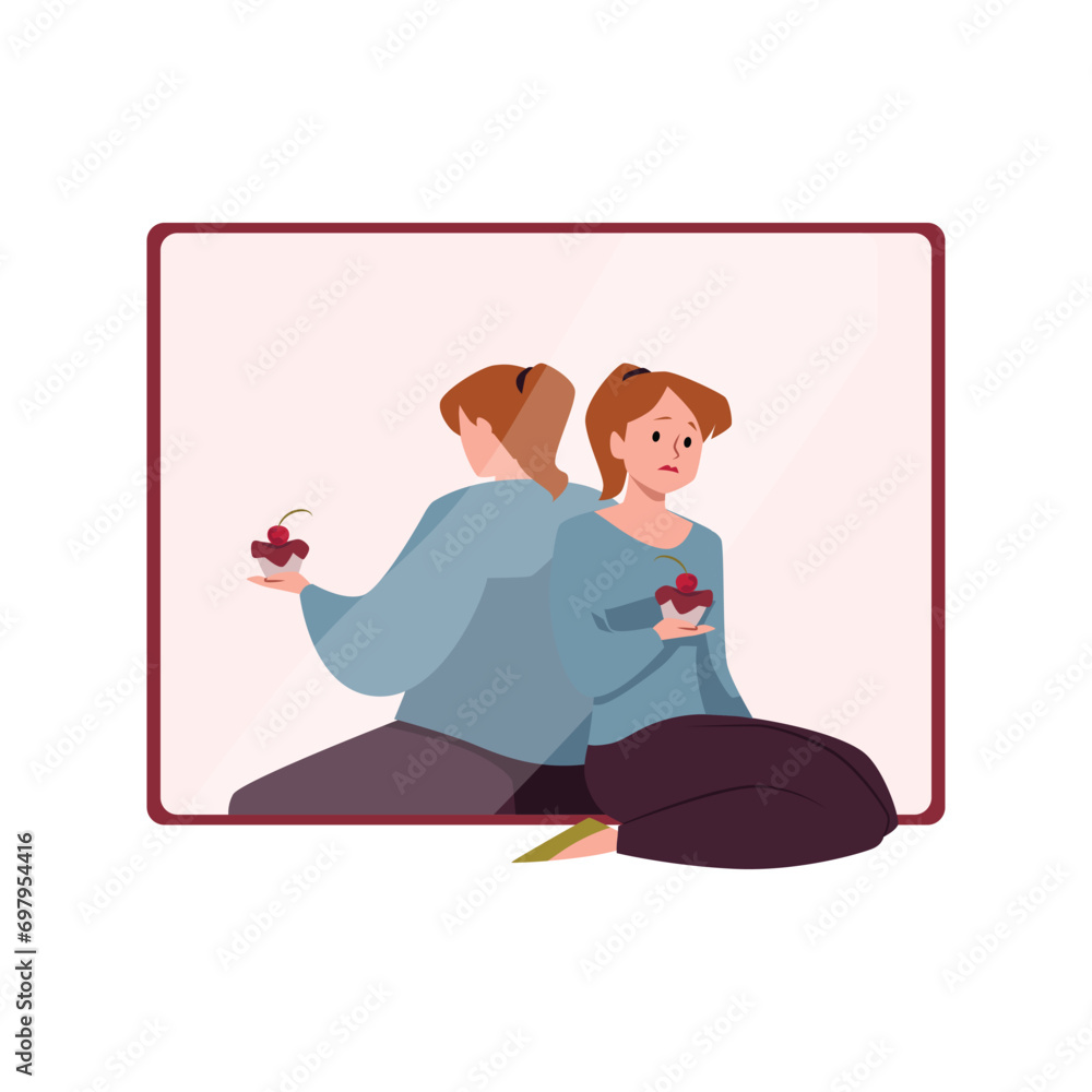 Young woman with cake turned away from the mirror, because thinks she is fat, vector character with mental disorder Young woman with cake turned away from the mirror, because thinks she is fat, vector character with mental disorder