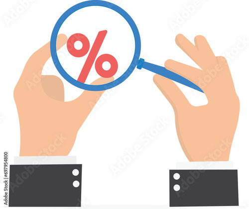 Interest, financial and mortgage rates. Hand human with magnifying glass and with percentage. Flat vector illustration

