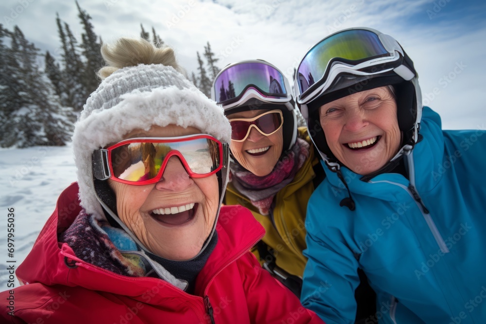Smiling old women making selfie on mountain ski resort with picturesque view on the background.
