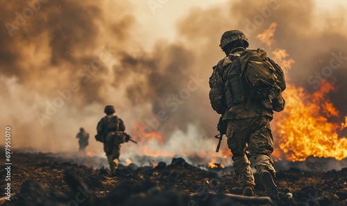 soldiers walking near a large fire in a desolate landscape, with smoke filling the air.