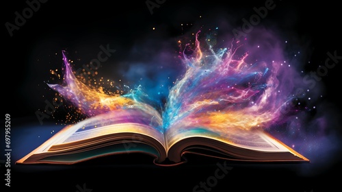  Opened magic book, with floating dust purple, blue, yellow, orange, white sparkle and effect from book isolated AI Image Gnerative