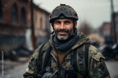 Portrait of a man in a military uniform with a backpack.