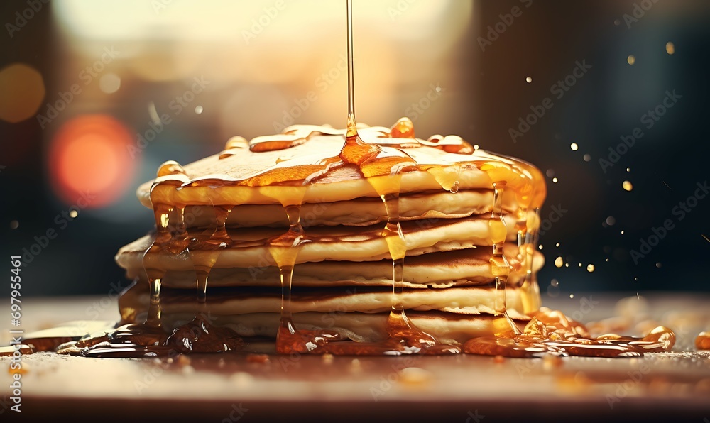 Pancake product close up photography for advertisement with honey syrup melt, bokeh background, professional photography, high detail, hiig resolution, Ai Generative