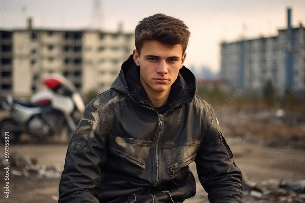 Portrait of a young man in a jacket on the street. Portrait of a young man in a jacket on the street.