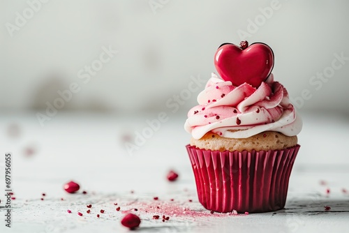 Close-up of a Valentine's cupcake decorated with red heart and sprinkles, on a blurry background. Happy Valentine's Day.