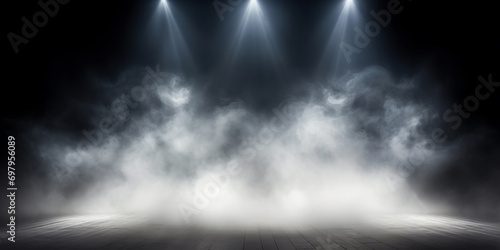 Background of an empty dark room, smoke and dust,, Spotlight on empty stage in smoky space,, Stage Spotlight in Misty Atmosphere