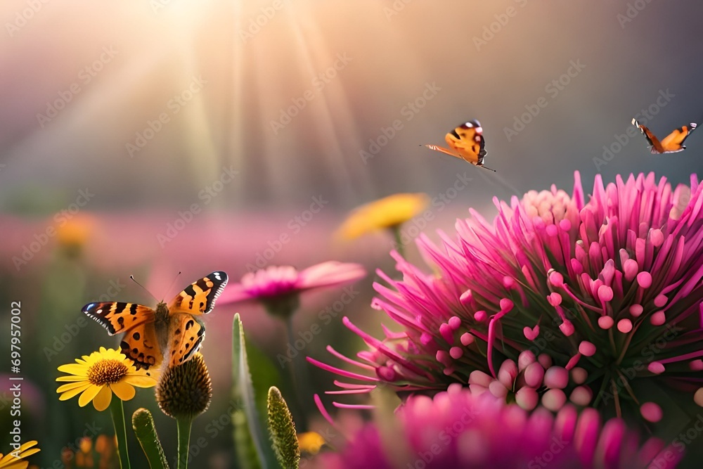 butterfly on a flower - obrazy, fototapety, plakaty 