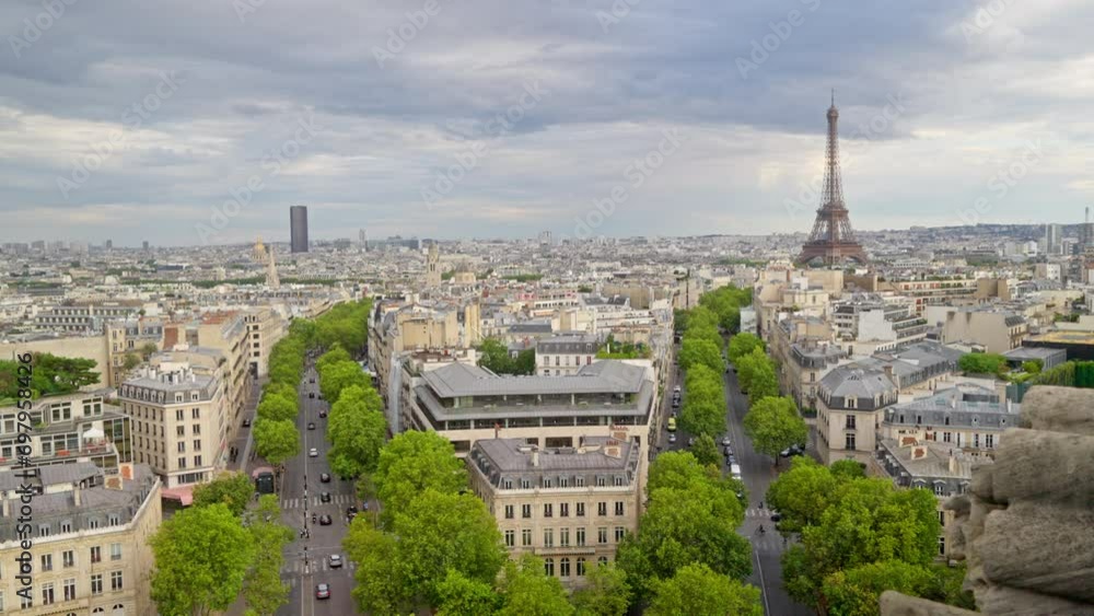 Static view of the Eiffel tower in Paris, France from the Arc de Triomphe. Slow Motion Static view of the Eiffel tower in Paris, France from the Arc de Triomphe. Slow Motion