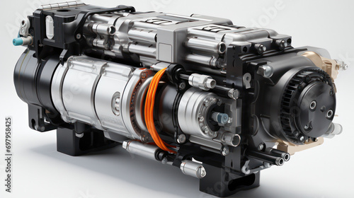 Four stroke diesel engine, v6 engine, high pressure common rail fuel system with filter element, white background. photo