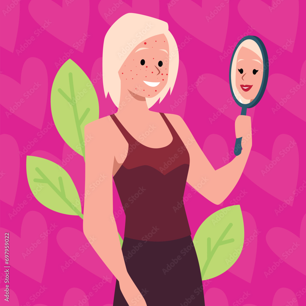 Blonde woman with an ugly face presents herself as a beauty, enjoying her reflection in the mirror, vector Love yourself Blonde woman with an ugly face presents herself as a beauty, enjoying her reflection in the mirror, vector Love yourself