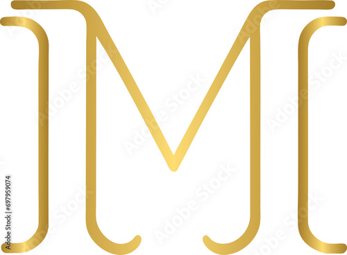 Golden alphabet M, gold alphabet logo design 