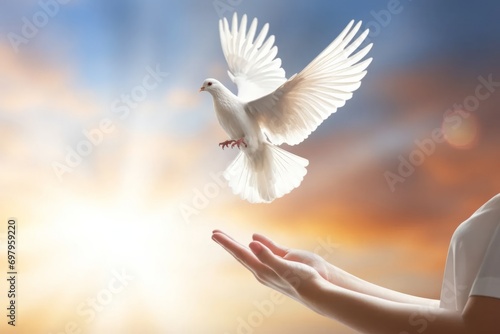 A white pigeon flies in the sky and human hand. Dove of peace. AI generative photo