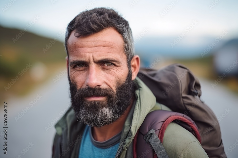 Portrait of a handsome mature man with a beard and mustache hiking in the countryside Portrait of a handsome mature man with a beard and mustache hiking in the countryside