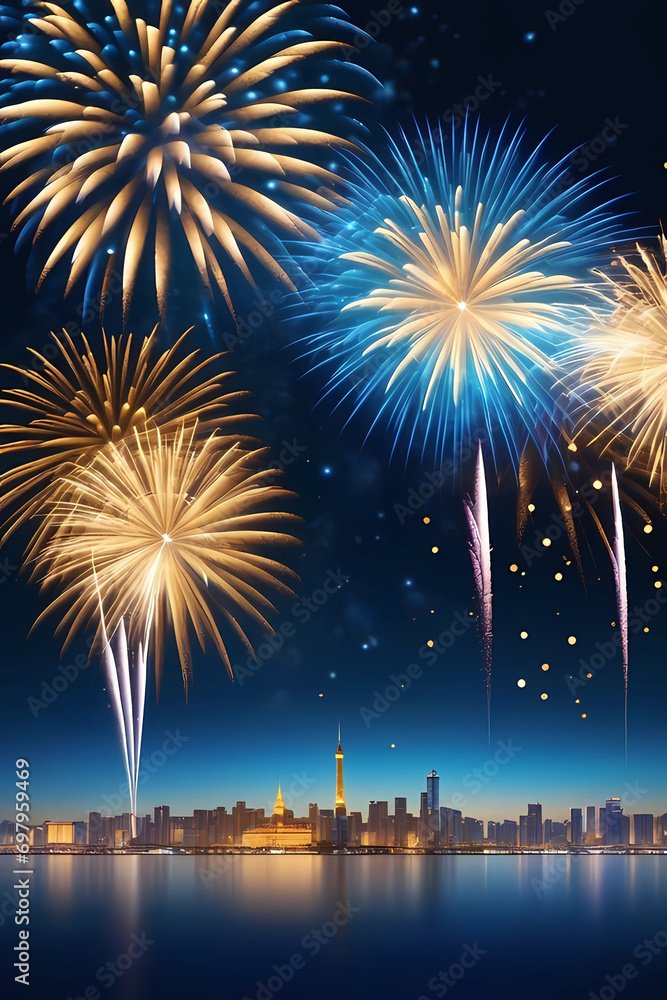 fireworks, blue and gold Abstract bokeh background on New Year's Eve fireworks, blue and gold Abstract bokeh background on New Year's Eve
