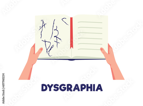 Dysgraphia vector poster, ADHD difficulty learning and writing, squiggles drawn in the notebook, inability to write