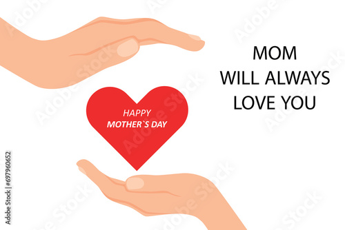 Mothers Day banner with a mother's heart, which she gives to her child, on a white background. Suitable for social banner. Vector illustration.