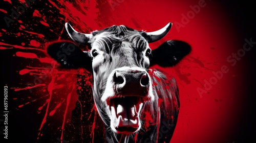 Sorrowful cow before slaughter against gruesome bloody backdrop in slaughterhouse embodies cruelty and sadness of meat industry, animal suffering in grim reality of slaughterhouses, meat eating