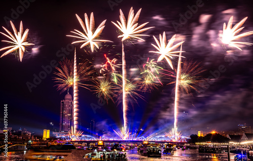 Beautiful Fireworks at Chaopraya River Bangkok , Thailand. Public event