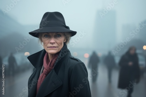Elderly woman wearing a hat and coat in a foggy city © Nerea