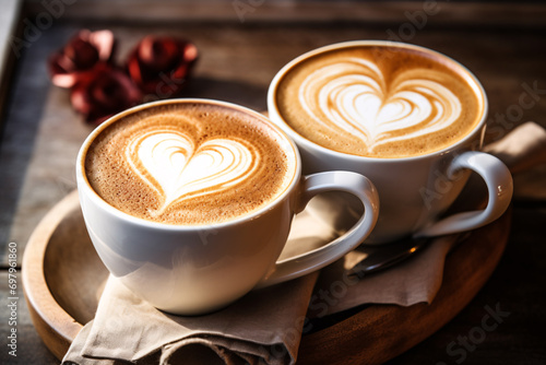 Two cups of hot coffee cafe latte with beautiful latte art and rose ornament, served on wooden table, coffee lover and valentine s day concept.