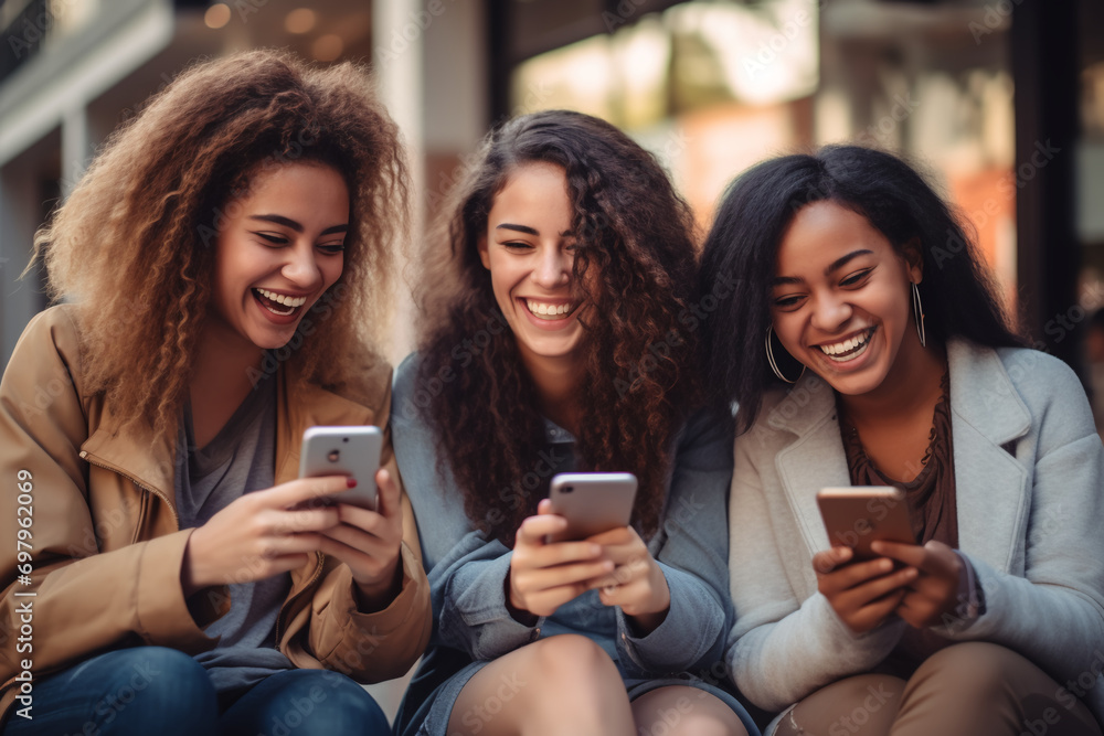 Three women sitting on a bench looking at their cell phones. Generative AI Three women sitting on a bench looking at their cell phones. Generative AI