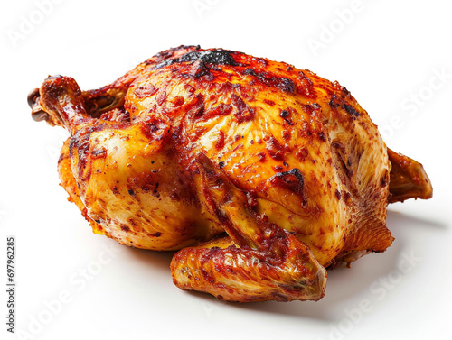 Roasted chicken with piri piri seasoning isolated on a white background. Whole chicken. 