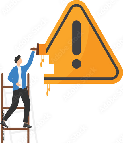 Computer holding paint roller to paint a wall exclamation attention sign. Incident management, root cause analysis or solving problems, identify risk or critical failure.

