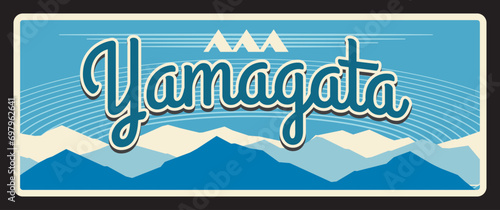 Yamagata tin vector plate, Japan prefecture sign. Japanese region vintage metal plate with territory silhouette, mountain peaks in snow. Asian trip memory retro sign