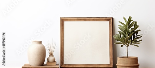 Boho mockup with wooden frame, shelf, books, plants.