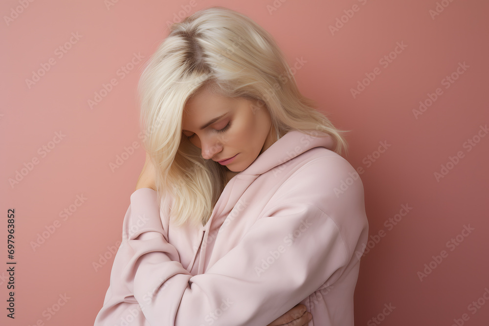 Woman hugging herself in front of pink studio background. Self-love concept Woman hugging herself in front of pink studio background. Self-love concept