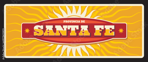 Santa Fe Argentine region province retro vector tin sign, banner or postcard with coat of arms and sun rays. Santa Fe de la Vera Cruz north-eastern Argentina tin plaque photo