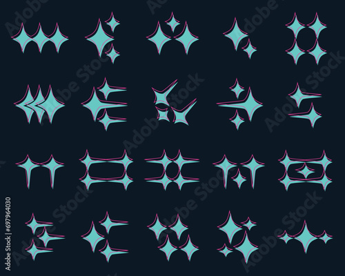 Collection of abstract y2k star shape elements. Slice effect style black teal and pink star shape elements.
