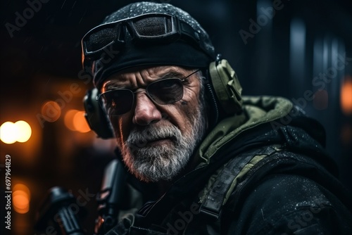 Portrait of a brutal bearded man in military uniform and glasses on the background of night city.