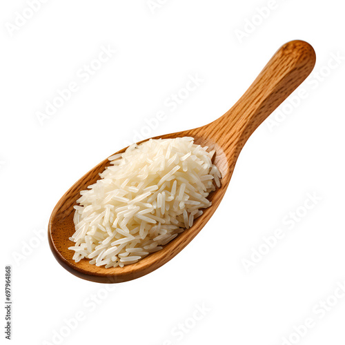 Wooden spoon with long rice  isolated on transparent background Generative AI	
