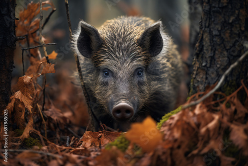 Close up of wild boar in autumn forest