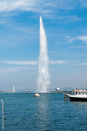 The Geneva Water Fountain, Jet d'Eau, in the city of Geneva, Switzerland. Lake Geneva. Switzerland landmark