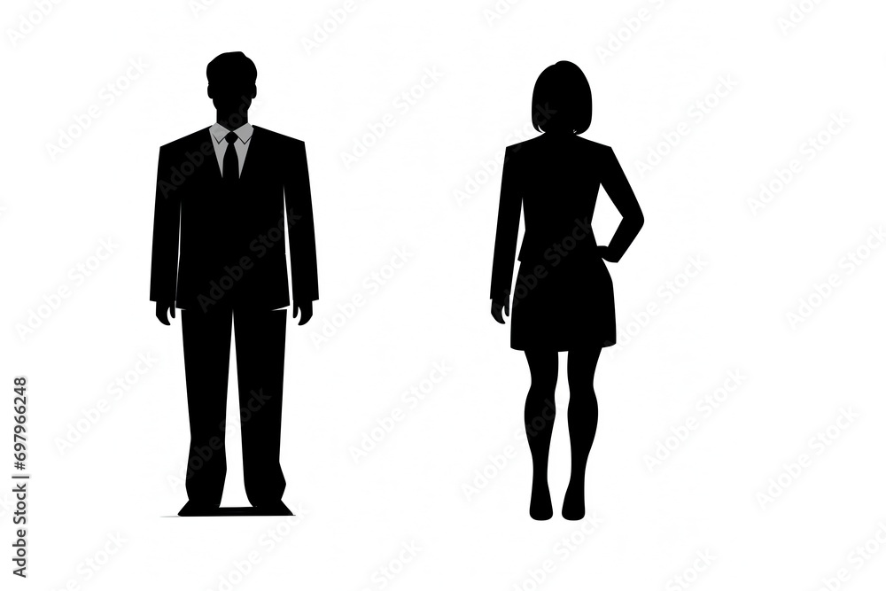Lady and a gentleman. Flat illustration. Simple. logo. Leadership. Gender balance. Silhouette of office colleagues against white background. Personnel. Corporate. Dress code. Rivalry. Dependence. Wage Lady and a gentleman. Flat illustration. Simple. logo. Leadership. Gender balance. Silhouette of office colleagues against white background. Personnel. Corporate. Dress code. Rivalry. Dependence. Wage